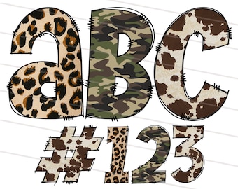 Western Leopard und Camo Doodle Font Bundle PNG, Handgezeichnete Gepard Kuh Muster Buchstaben Alphabet, Png, Svg, Alphabet Clipart Pack Letter