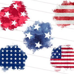 May include: Five watercolor designs featuring the American flag in different styles. The designs include a heart shape, a striped design, a design with stars, and two designs with the full American flag.
