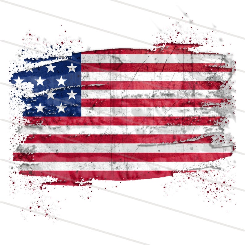 May include: A distressed, faded American flag with a white background. The flag is painted in red, white, and blue with a grunge effect.