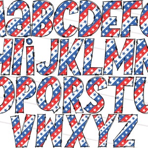 K&ouml;nnte beinhalten: Ein Satz von Gro&szlig;buchstaben in einer fetten, umrandeten Schriftart mit einem rot-wei&szlig;-blauen Sternenmuster. Die Buchstaben sind in alphabetischer Reihenfolge angeordnet.