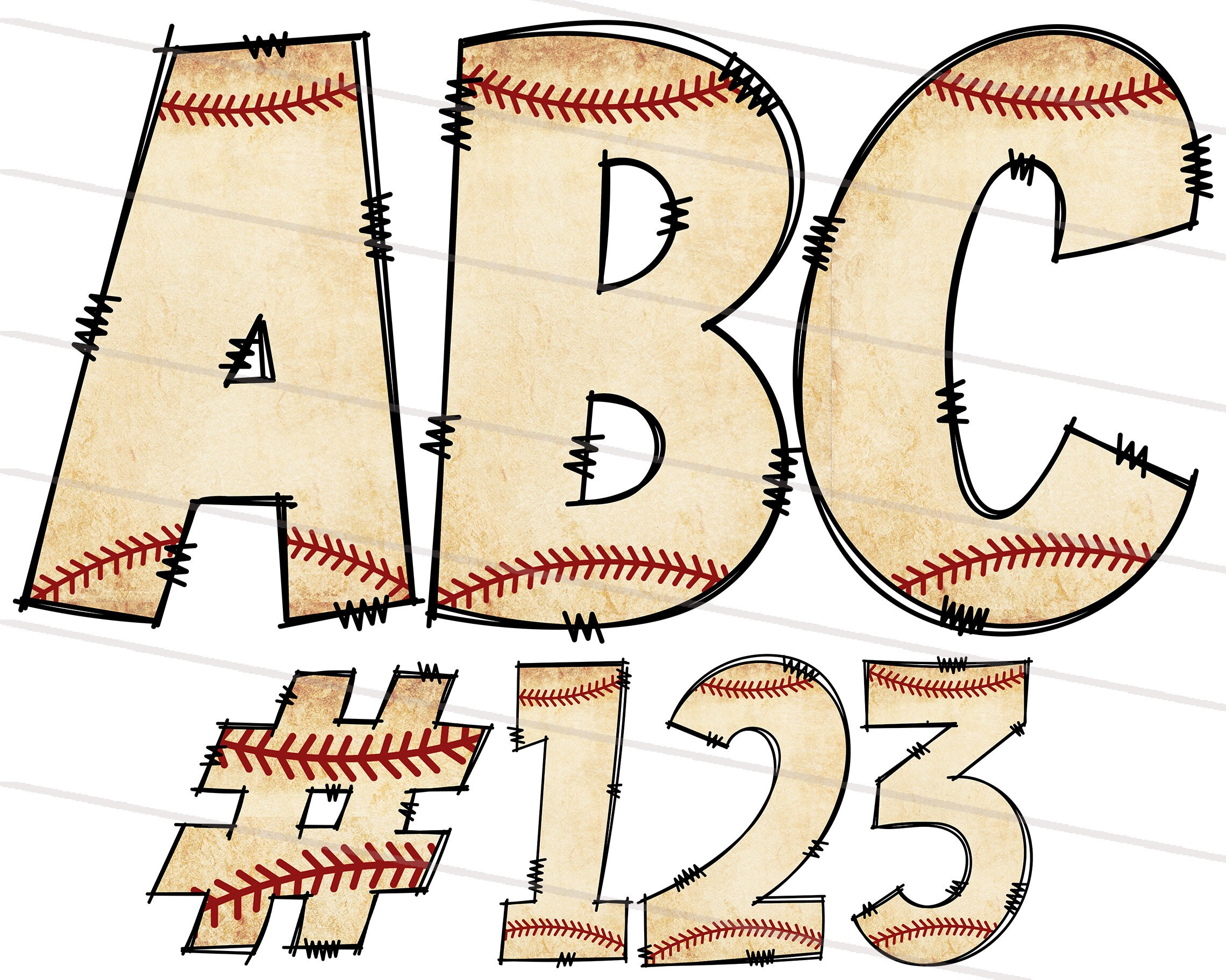 Baseball Doodle Font Bundle PNG, Hand Drawn Retro Baseball Pattern ...