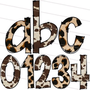 Minuscolo Western e Leopard Doodle Font Bundle PNG, Disegnato a mano Cheetah Cow Pattern Letter Alphabet, Svg, Alfabeto Clipart Pack Letters