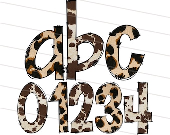 Lowercase Western and Leopard Doodle Font Bundle PNG, Hand Drawn Cheetah Cow Pattern Letter Alphabet, Svg, Alphabet Clipart Pack Letters