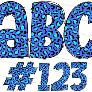 Blue Leopard Doodle Font Bundle PNG, Alfabeto de letras de guepardo dibujado a mano, Png, Paquete de imágenes prediseñadas de alfabeto Letras, números y signos