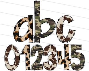 May include: A set of letters and numbers in a bold, cartoon-style font. The letters are decorated with a leopard print and camouflage pattern. The numbers are decorated with a cow print and camouflage pattern.
