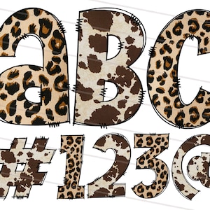 Western and Leopard Doodle Font Bundle PNG, Hand Drawn Cheetah Cow Pattern Letter Alphabet, Png, Svg, Alphabet Clipart Pack Letters