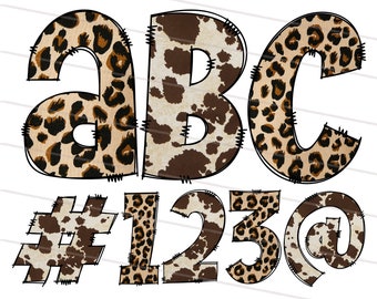 Western and Leopard Doodle Font Bundle PNG, Hand Drawn Cheetah Cow Pattern Letter Alphabet, Png, Svg, Alphabet Clipart Pack Letters