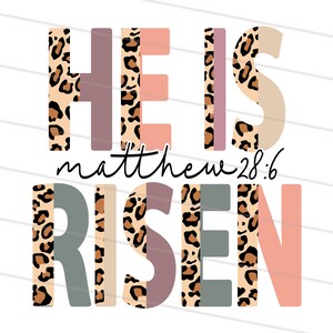 Op de afbeelding: Hij is opgestaan, Matthe&uuml;s 28:6, in luipaardprint en pastelkleuren. Dit grafisch ontwerp is perfect voor een religieus paas-knutselproject.
