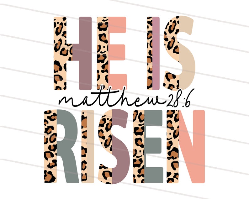 Op de afbeelding: Hij is opgestaan, Matthe&uuml;s 28:6, in luipaardprint en pastelkleuren. Dit grafisch ontwerp is perfect voor een religieus paas-knutselproject.