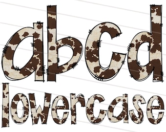 May include: Cow print alphabet letters in uppercase and lowercase. The letters are brown and white with a stitched outline.