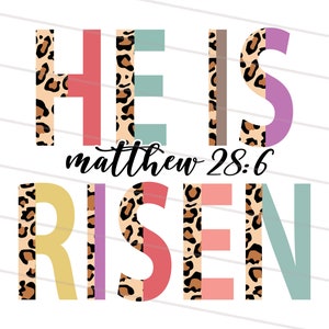 Op de afbeelding: Een kleurrijk grafisch ontwerp met een luipaardprint. De woorden "HE IS RISEN" staan in grote letters met een bijbelverwijzing "matthew 28:6" eronder.