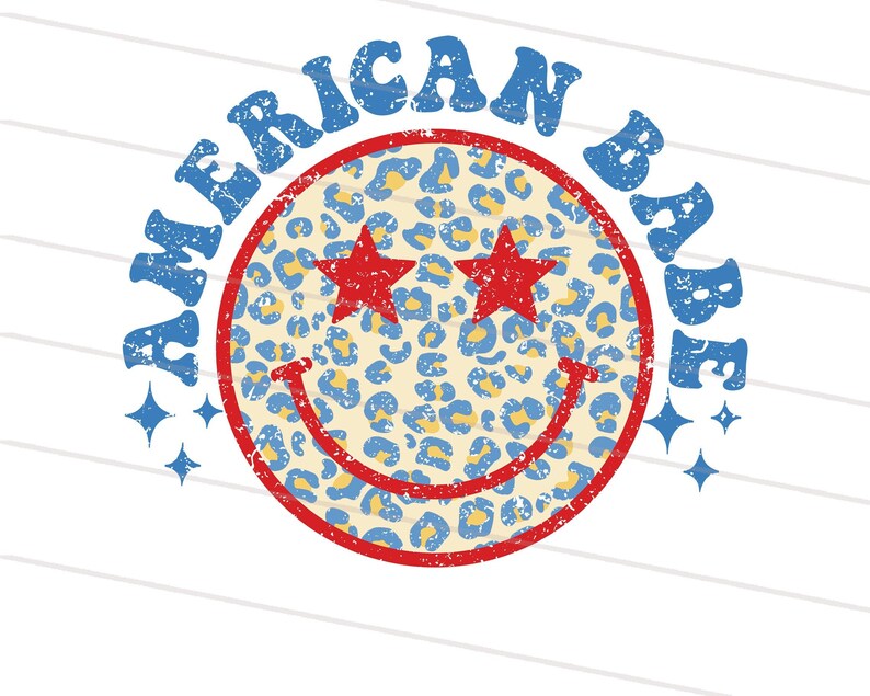 May include: A blue and yellow smiley face with red stars for eyes and the words "American Babe" in blue around it. The smiley face has a distressed, vintage look.