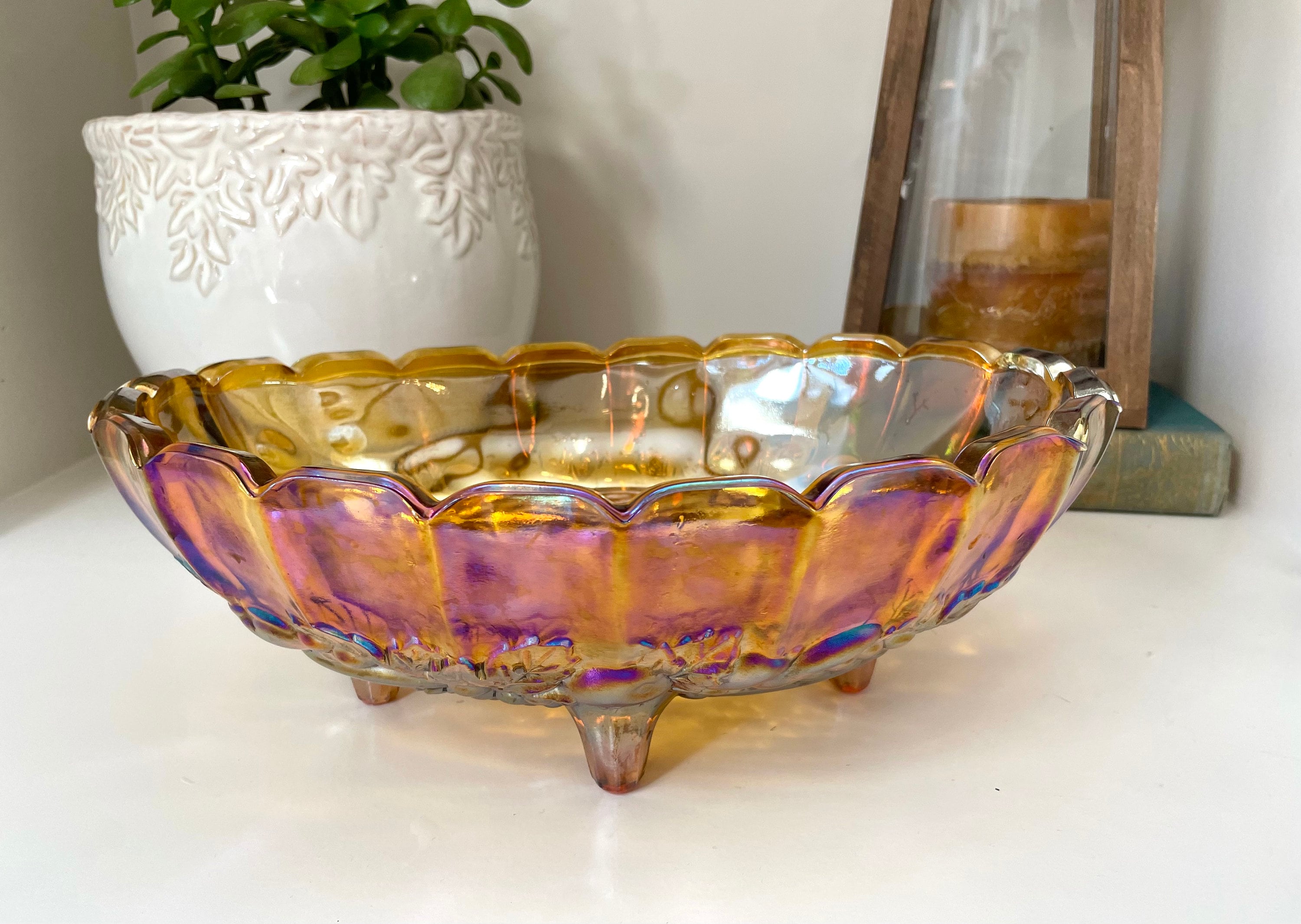 Vintage Gold Iridescent Carnival Glass Footed Fruit Bowl Centerpiece by