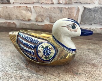 Vintage Hand Painted Mexican Tonala Sandstone Ceramic and Brass Duck