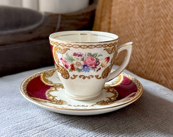 The Bouquet Maroon Flat Demitasse Cup & Saucer Set by Myotts Staffordshire