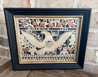 America's Eagle Reproduction Scherenschnitte Paper Cutting Black And Gold Frame