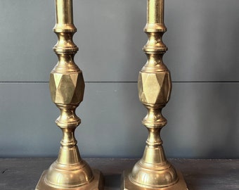 Antique James Clews Victorian Ace Of Diamonds Brass Push Up Candlesticks 14"