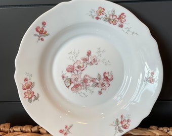 Vintage Arcopal France Cherry Blossom Florentine Milk Glass Dinner Plates Or Rimmed Soup Bowls