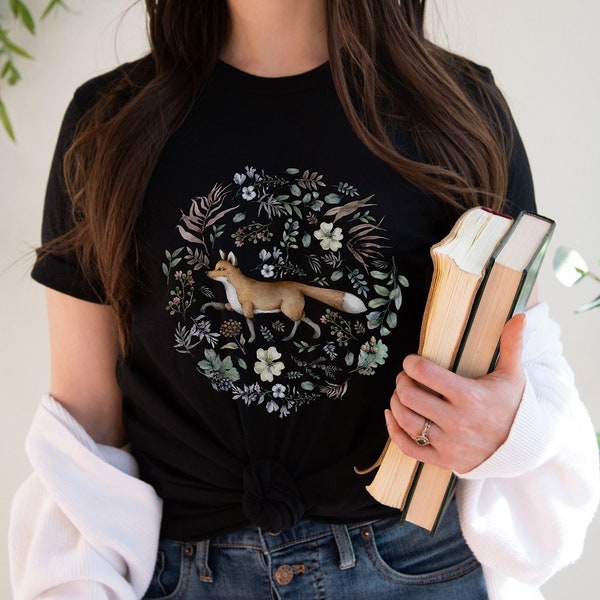 Floral Fox T shirt, Cottagecore Shirt, Vintage Flower Fox Woodland T-Shirt, Cottage Core Vinage TShirt, Fall Fox Forest Tee, Gifts for Women