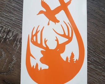 May include: Orange vinyl decal of a deer and a duck inside a fish hook silhouette.