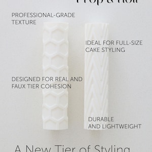 May include: Two white cake decorating tools with different textured patterns. One has a honeycomb design, the other a chevron pattern. Text reads "Prop & Roll" and "A New Tier of Styling". The tools are designed for cake styling.