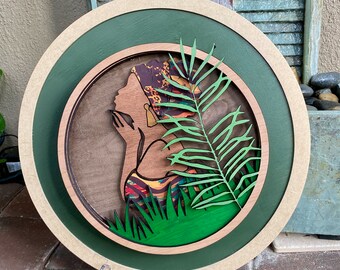 My Sister Circular Wood Art / Laser Cut Woman Silhouette Wooden Design / Colorful Room Tabletop or Wall Decor / Unique Handmade Gift