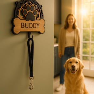 Personalized Wooden Forest Motif Dog Leash Holder, Gift for Dog Owners, Dog Collar Hook, Dog Wall Decor, Dog Parents Gift