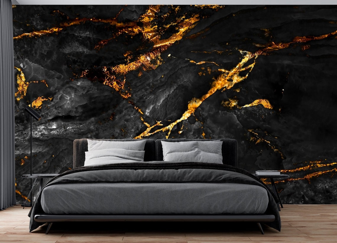 Black With Gold Marble Effect Wall Mural Wall Decoration - Etsy