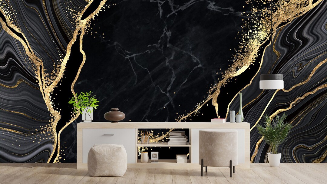 Black Marble With Gold Lines Wall Mural Modern Wallpaper Etsy