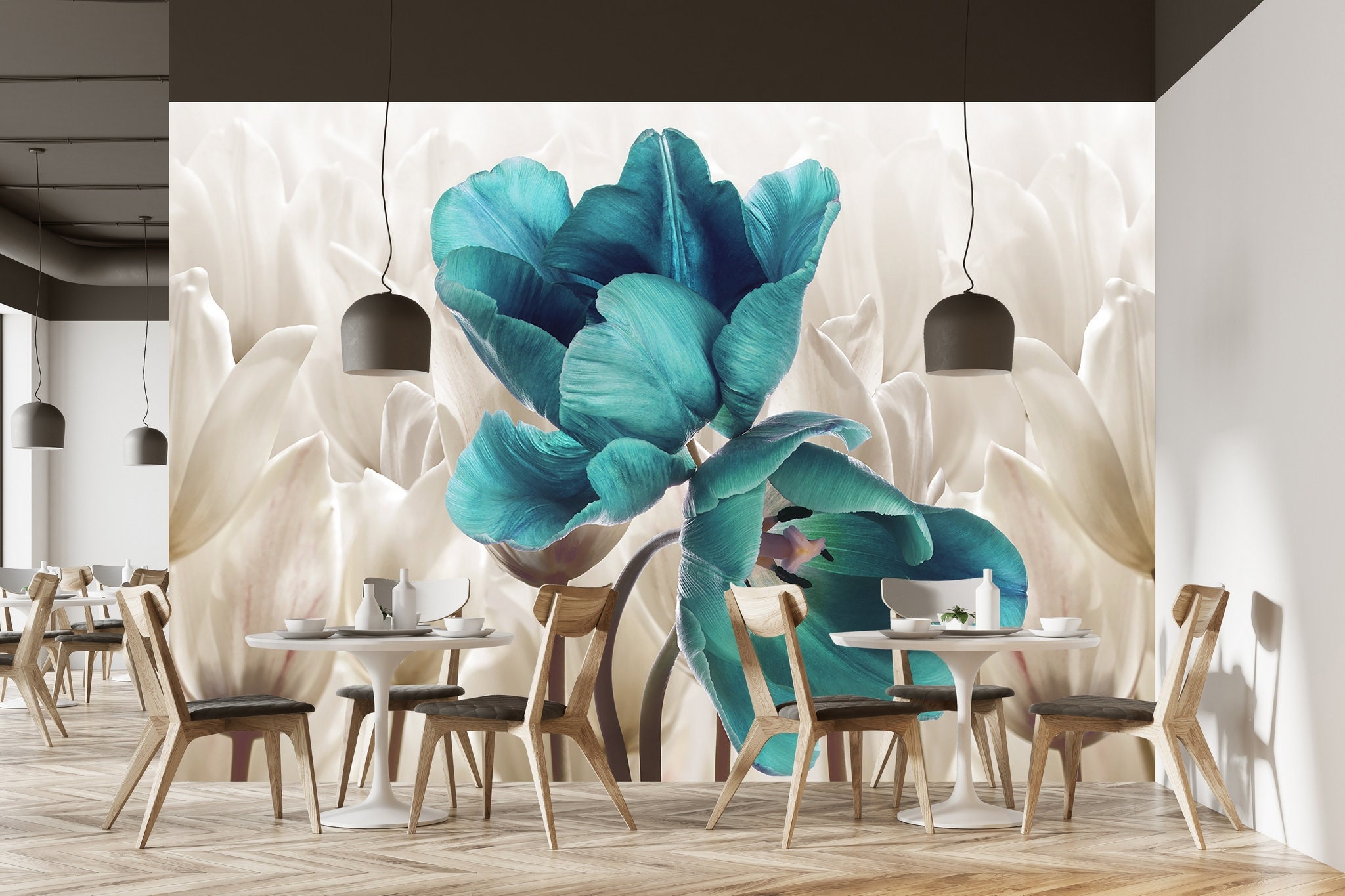 Turquoise Flower Wallpaper Self Adhesive Wall Decoration Etsy