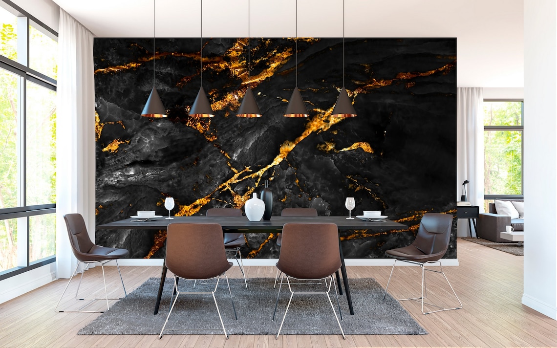Black With Gold Marble Effect Wall Mural Wall Decoration - Etsy