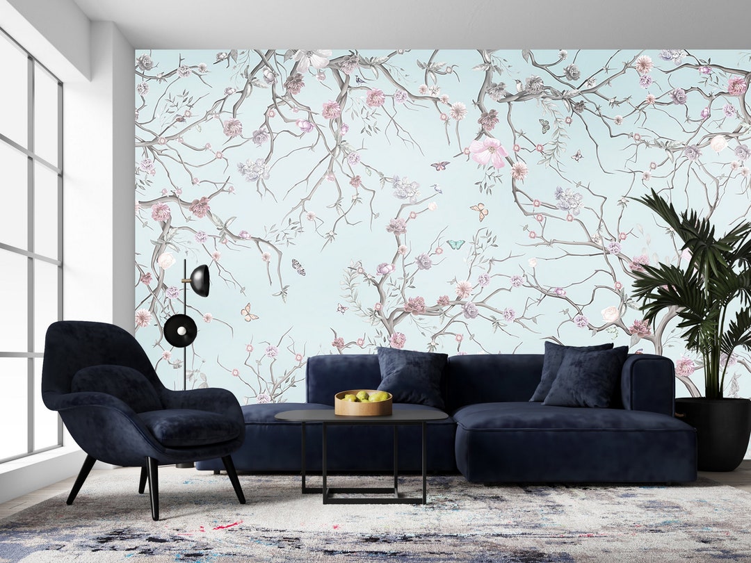 Branches in the Garden on Blue Wallpaper Self Adhesive Wall - Etsy