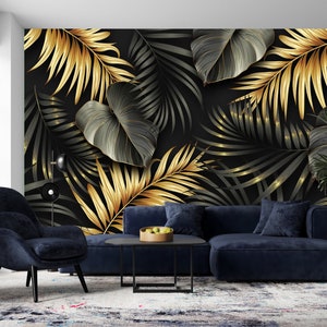 Huge Black and Gold Tropical Vector Leaves Print Wallpaper Self ...