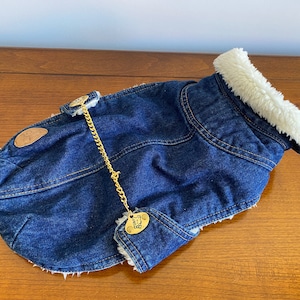 Può includere: Una giacca di jeans blu per cani con un colletto in pelliccia sintetica bianca e una catena dorata con un'etichetta che dice "Big"