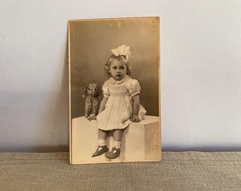 Vintage Cabinet Photo Little Girl With Toy Dog 1940s Child Portrait Card Studio Photograph Collectible