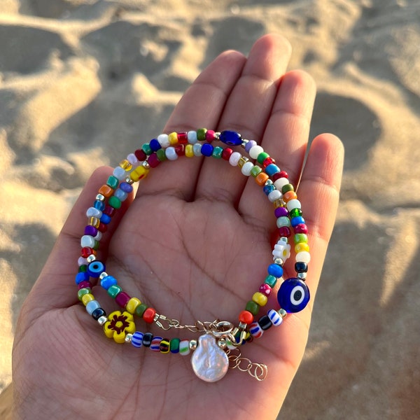 Bunte Hippie Perlenkette Nazar türkisches Auge Schutz Lila Indigo vergoldet Strandkette Anhänger 24k gold plattiert fröhliche Kette Hawaii