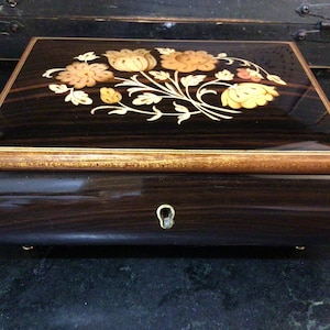 Gorgeous Vintage Reuge Inlaid Wood Musical Jewelry Box