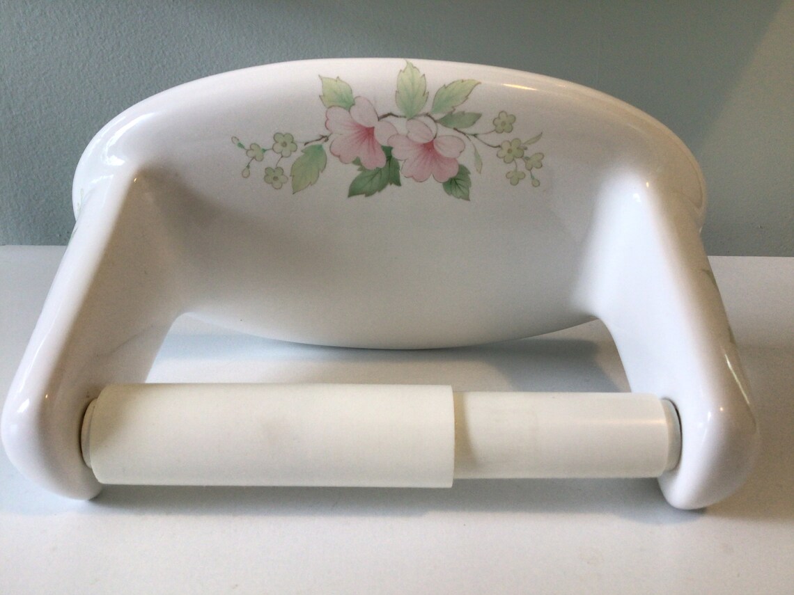 Vintage Porcelain Toilet Tissue Holder With Handpainted Pink Etsy