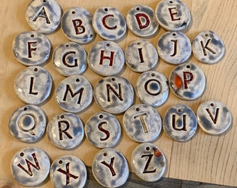 Complete Grey Blue and Red Alphabet Handmade Clay Beads and Necklace Pendants