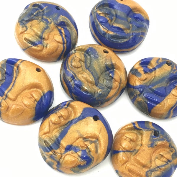 One Tribal Face Fimo Polymer Clay Perles Or et Bleu Tourbillon