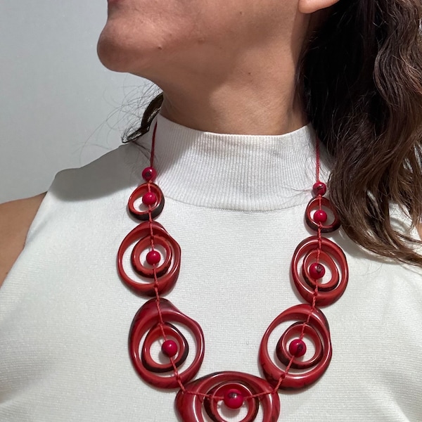 Token Tagua Statement Necklace Red | Eco-friendly Sustainable Ethical Slow Fashion Jewelry | Tagua Nut Vegetable Ivory by Nita Versatile