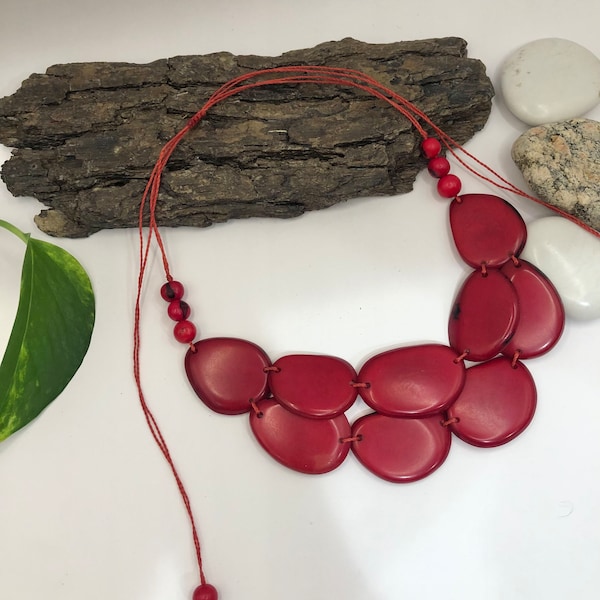 Bella Red  Statement Necklace, Tagua Eco-friendly Sustainable Ethical Slow Fashion Jewelry Tagua Nut Vegetable Ivory by Nita Versatile