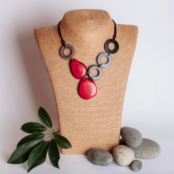 Sami Eco-Friendly Necklace Red-Black | Unique Handmade Jewelry | Sustainable Jewelry Tagua Nut Vegetable Ivory