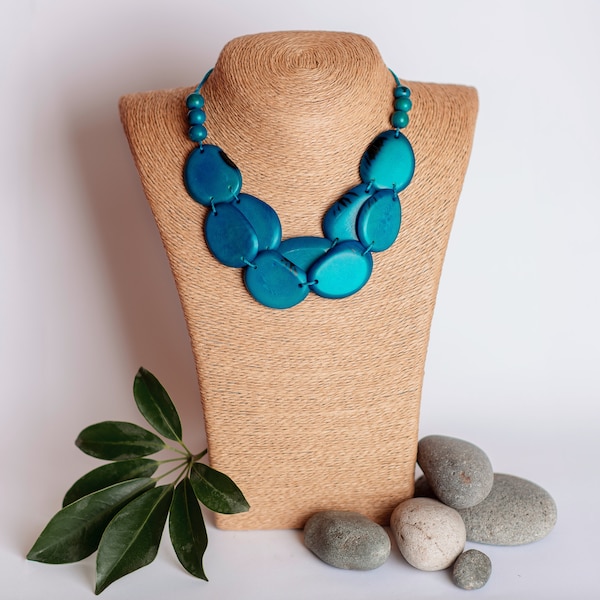 Bella Teal Tagua Vegetable Ivory Eco-Friendly Necklace | Unique Statement Necklace | Sustainable Slow Fashion Tagua Nut Jewelry