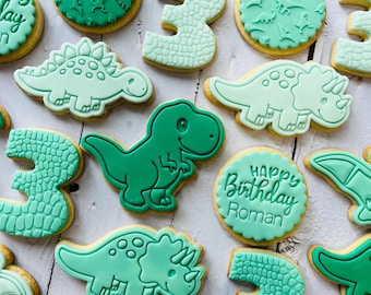Dinosaur theme birthday party fondant iced sugar cookies individually wrapped