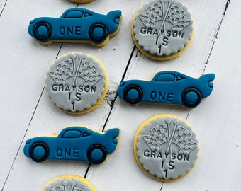 Racing car/ sports car/ chequered flag theme birthday/ baby shower party fondant iced sugar cookies