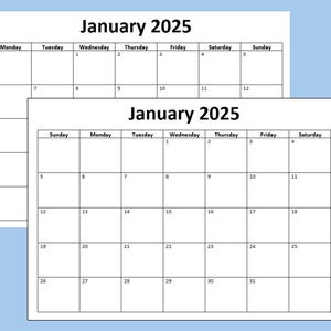 Printable 2025 Calendar, Sunday Start and Monday Start,  8 1/2 x 11 inches, Instant Download