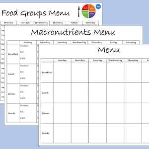 Modèle de menu de préparation de repas hebdomadaire (imprimable, téléchargement immédiat) 3 en 1 : menu vierge, menu de macronutriments et menu de groupe d&#39;aliments