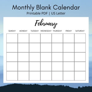 May include: A blank monthly calendar template for February. The calendar is in a white box with a black border and gray grid lines. The days of the week are listed across the top: Sunday, Monday, Tuesday, Wednesday, Thursday, Friday, Saturday.