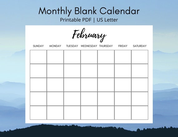 Monthly Blank Calendar Printable Horizontal Simple Calendar | Etsy
